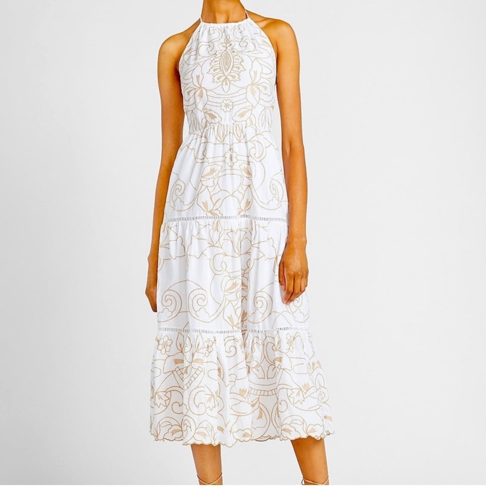NEW tiered white Express halter dress with gold embroidery, size small